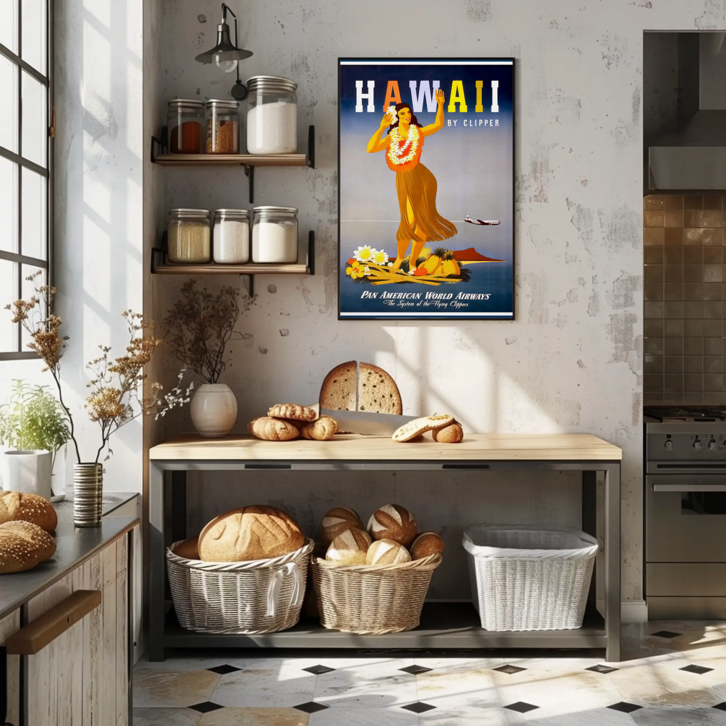 Pan Am Hawaii Hula Dancer Island Sunset Travel Poster