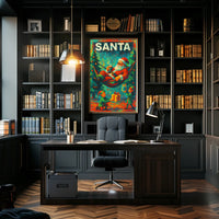 The poster features a festive Christmas theme with a playful depiction of Santa Travel Poster