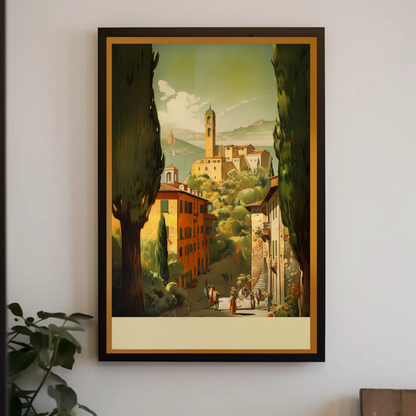 Italy Countryside Village Tower Hillside Vintage Travel Poster