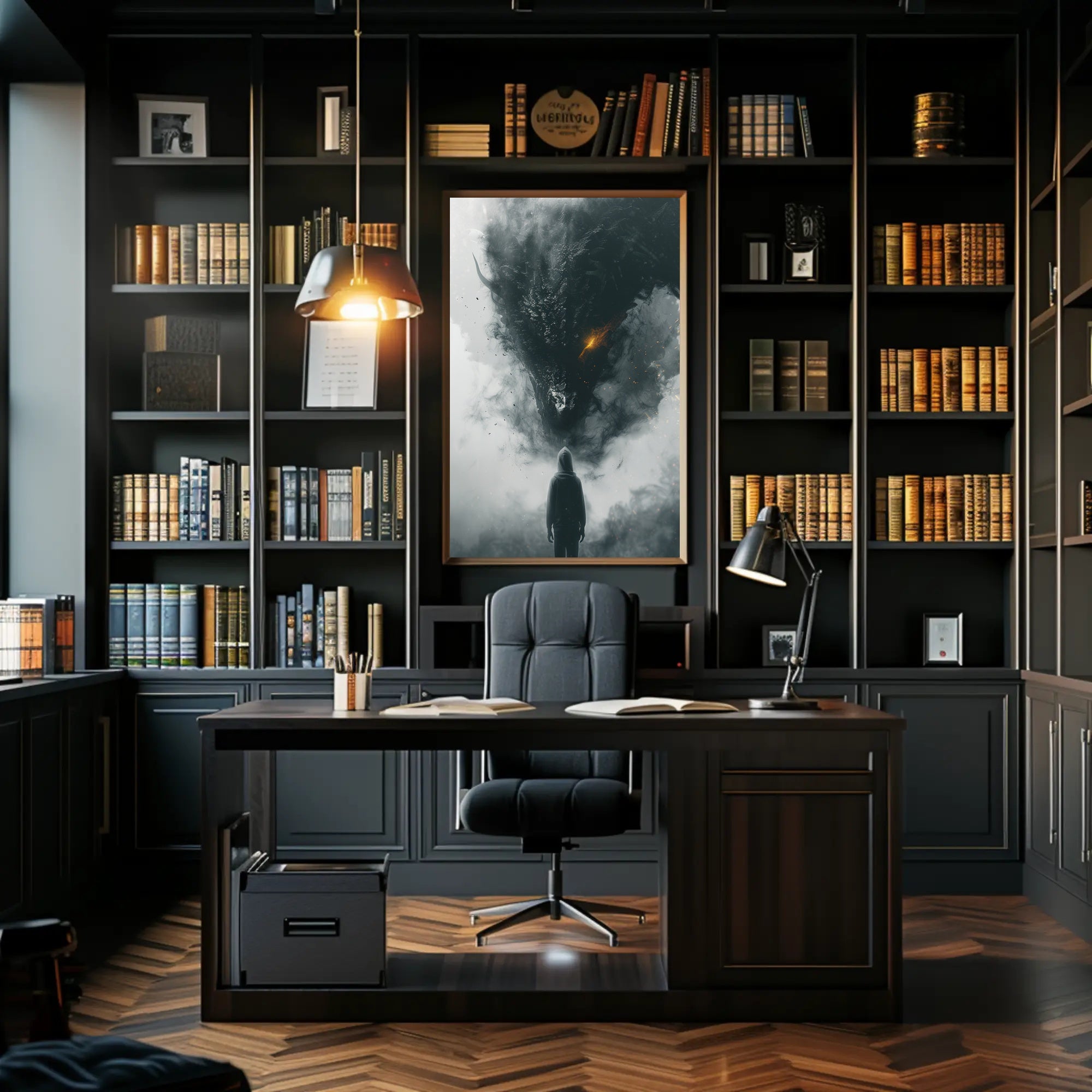 Dragon Confrontation: Dark Fantasy Art Poster PosterGoat