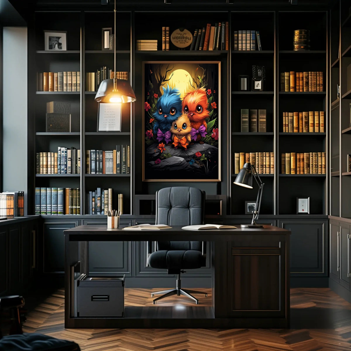 Whimsical Birds in Moonlit Forest Poster Art