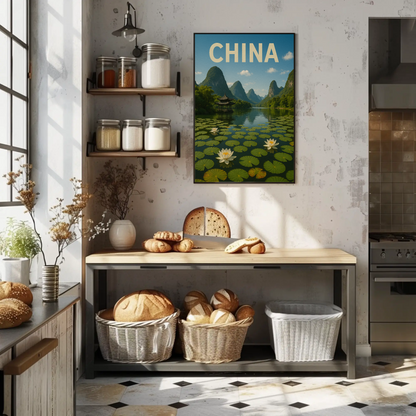 China Lotus Lake Mountains Pavilion Vintage Travel Poster