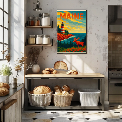 Maine Lighthouse Moose Forest Coastal View Poster