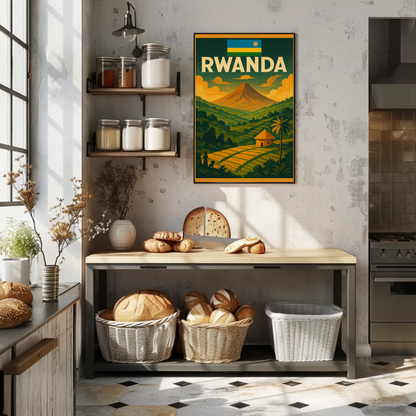 Rwanda Flag and Fields Sunset Travel Poster