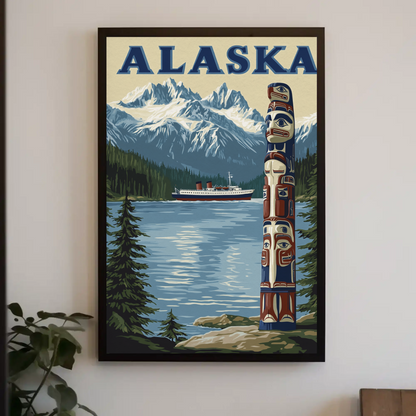 Alaska Vintage Poster - Totem and Mountains