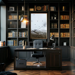 Birds In Flight Over Snowy Peaks Poster