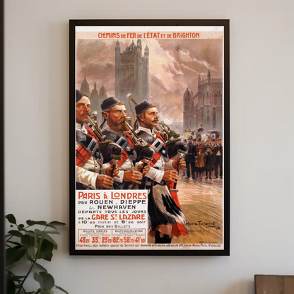 Paris To London Highland Band Vintage Travel Poster