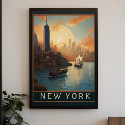 New York Harbor Sunset Vintage Travel Poster