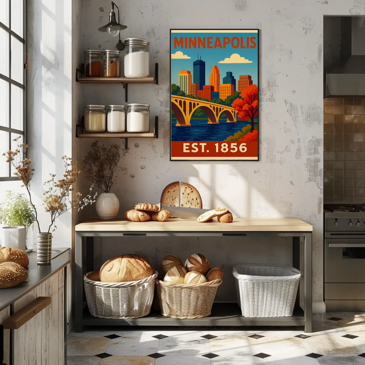 Minneapolis Autumn River Bridge View Vintage Travel Poster