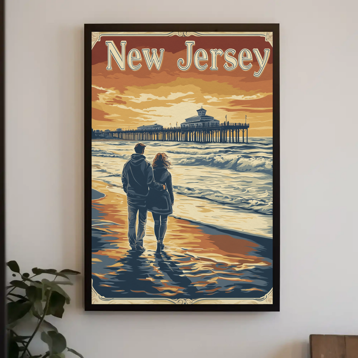 New Jersey Vintage Poster - Romantic Beach Walk