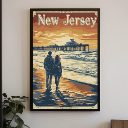 New Jersey Vintage Poster - Romantic Beach Walk