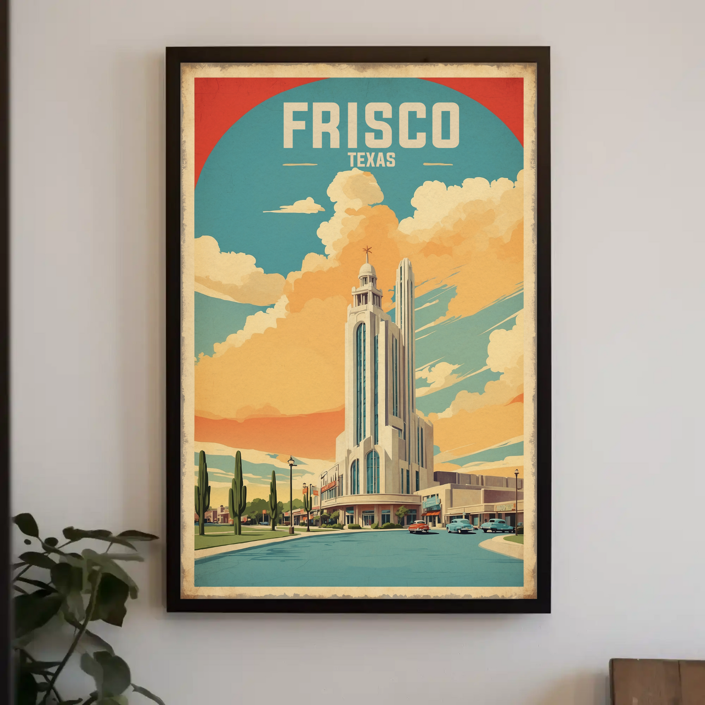 Frisco Texas Modern Tower Sunset Street Vintage Travel Poster