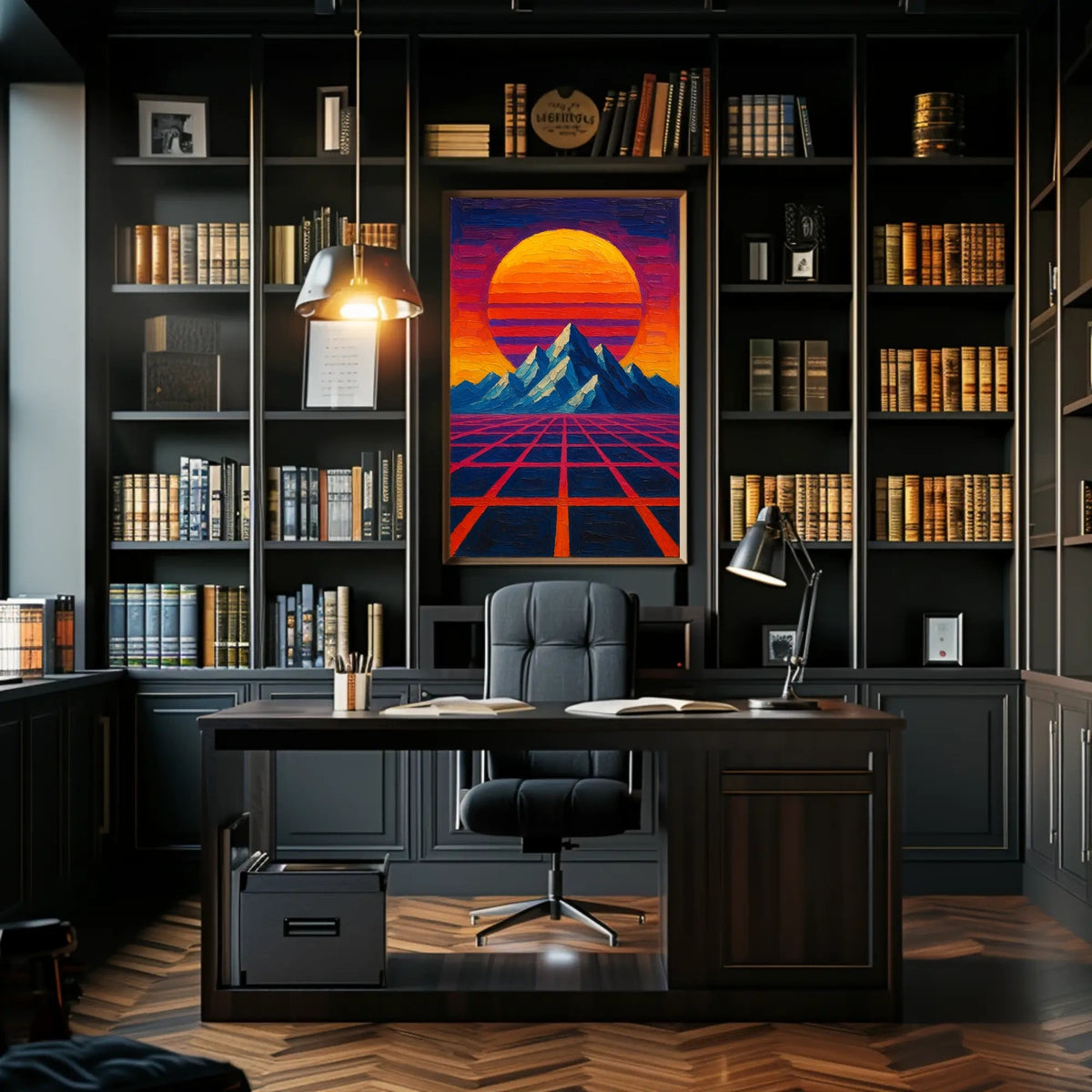 Retro-Futuristic Mountainscape: Vibrant Visionary Sci-Fi Poster