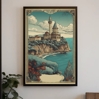 Cliffside Seaside Fortress Vintage Travel Poster