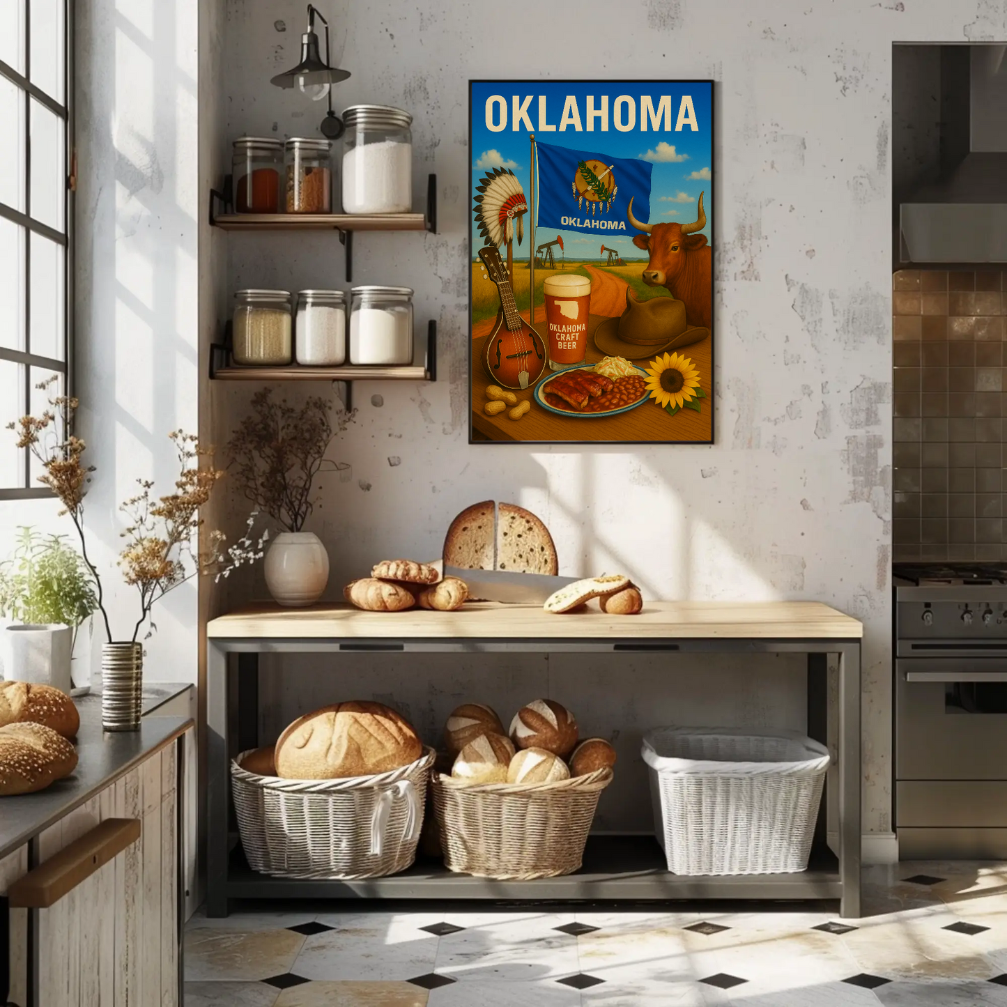 Oklahoma BBQ Cow Mandolin Flag Beer Travel Poster