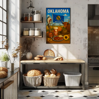 Oklahoma BBQ Cow Mandolin Flag Beer Travel Poster