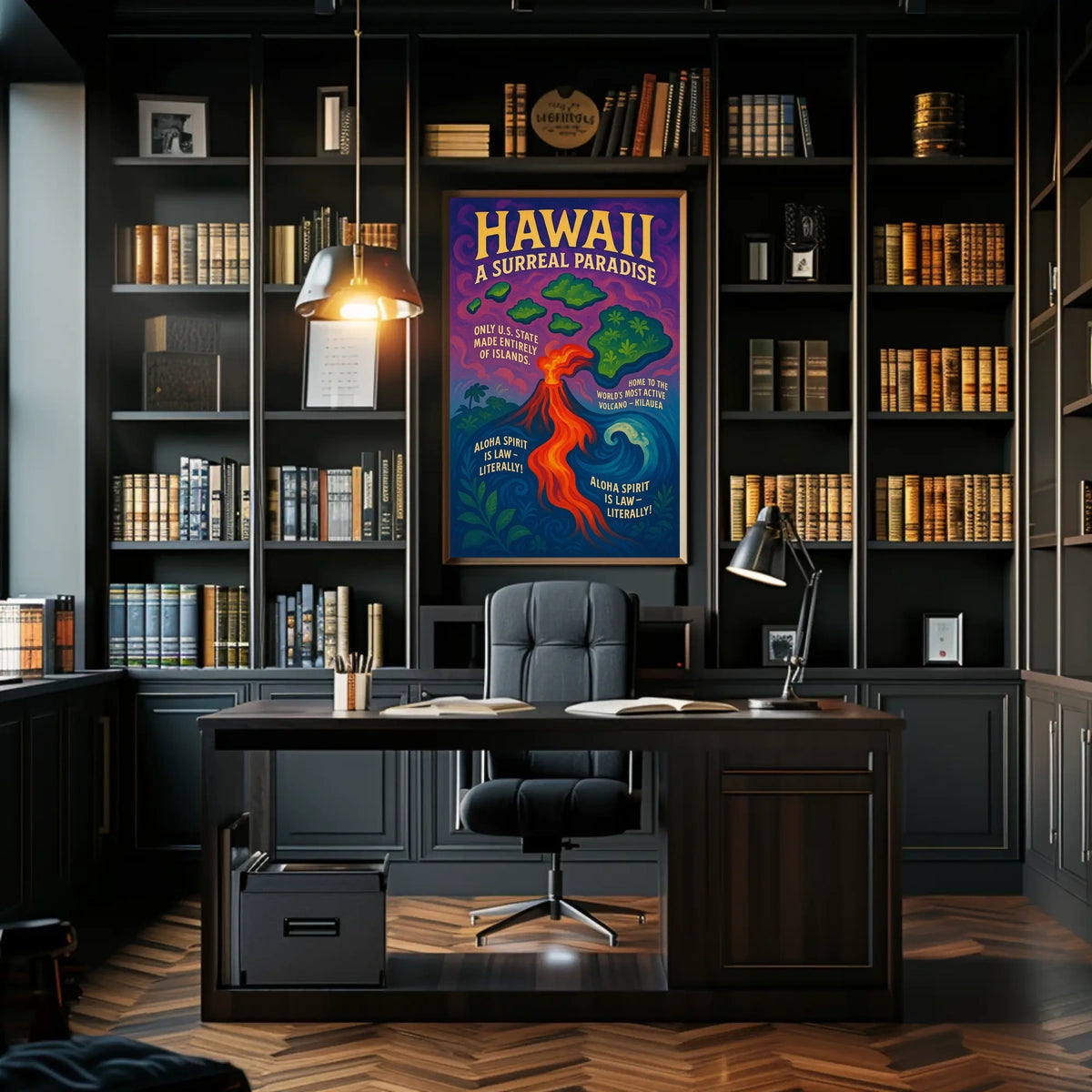 The poster features a vibrant and surreal depiction of Hawaii. The core subject Travel Poster