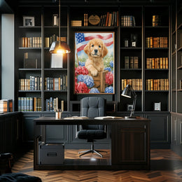 Golden Retriever Puppy In A Wagon With Flowers Poster