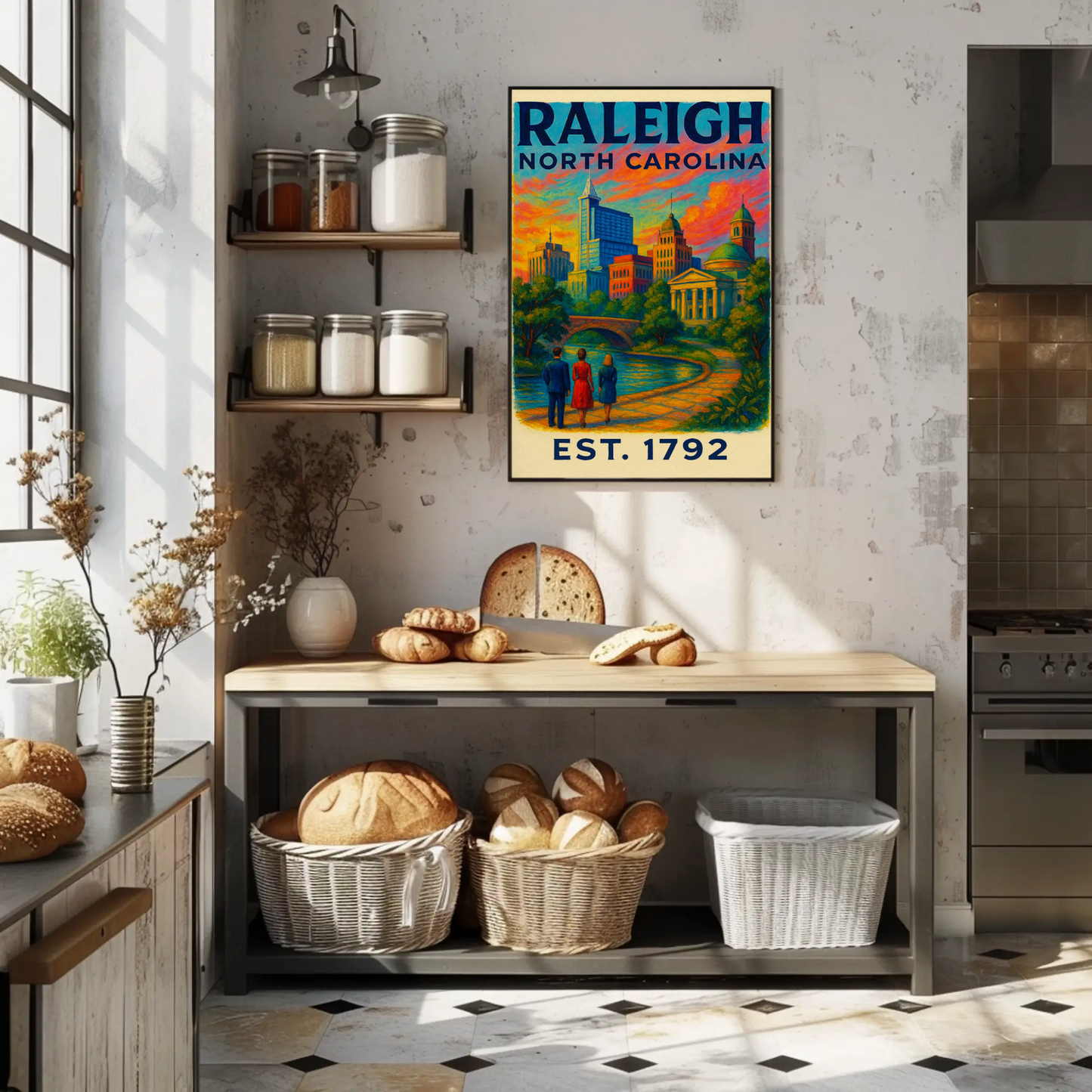 Raleigh North Carolina Skyline River Sunset Travel Poster