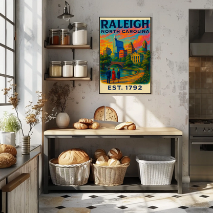Raleigh North Carolina Skyline River Sunset Travel Poster