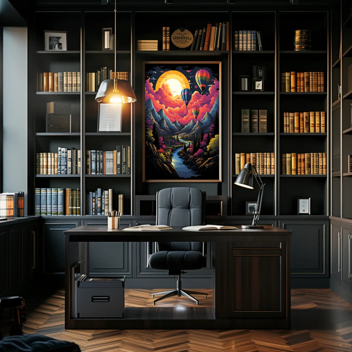 Vibrant Surreal Landscape Poster with Hot Air Balloons