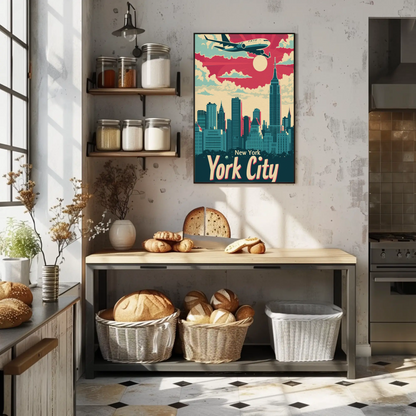 New York City Airplane Skyline Red Sky Travel Poster