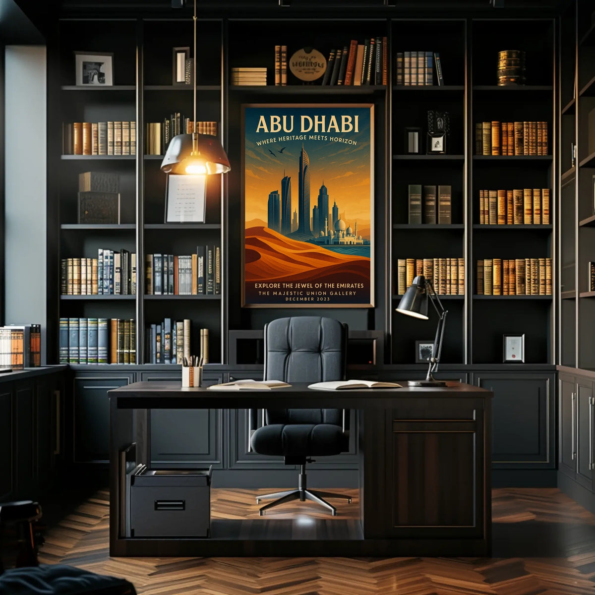 Abu Dhabi skyline and heritage illustrated urban cityscape poster
