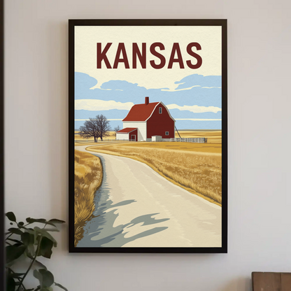 Kansas Barn Roadscape Vintage Poster