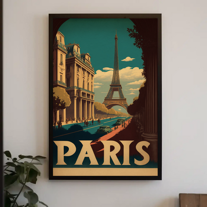 Paris Eiffel Tower Avenue Scene Vintage Travel Poster