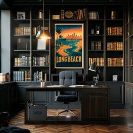 Long Beach Coastal Scene Retro Style Palm Trees City Skyline Poster