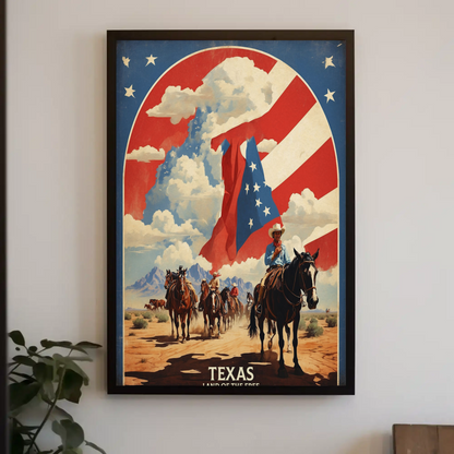Texas Cowboys Horses Flag Desert Vintage Travel Poster