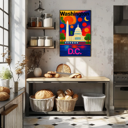 Washington DC Capitol Monument Colorful Night Travel Poster