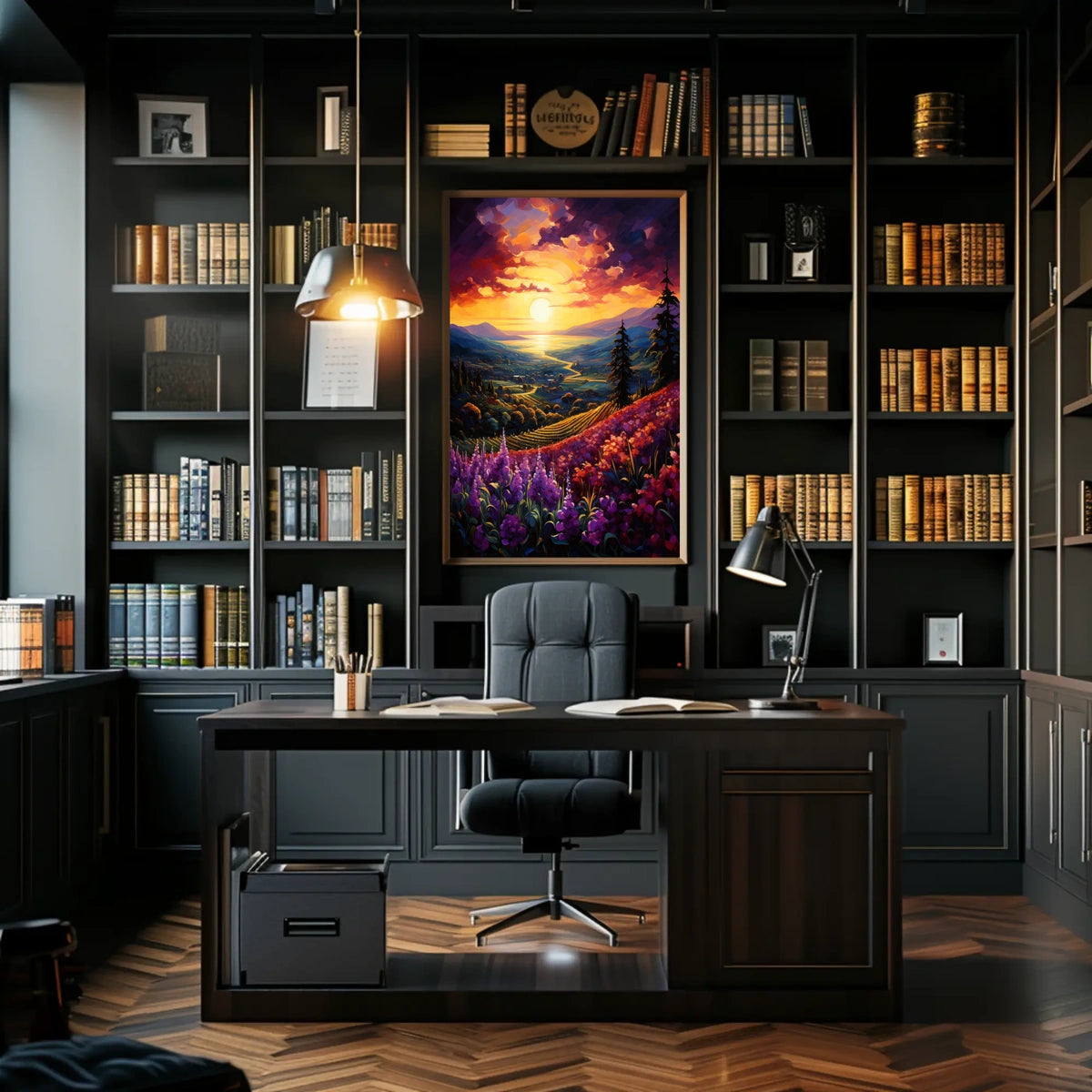 Vibrant Sunset Over Idyllic Countryside Landscape - Artistic Poster