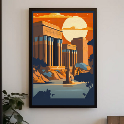 Egyptian Ruins Sunlit Columns River Vintage Travel Poster
