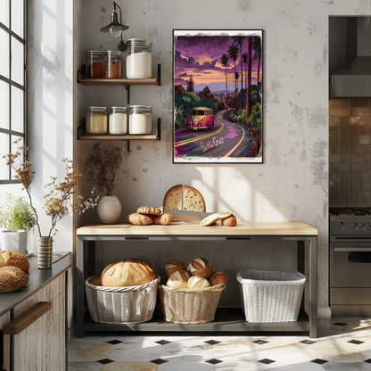 Santa Cruz Sunset Road VW Van Retro Travel Poster