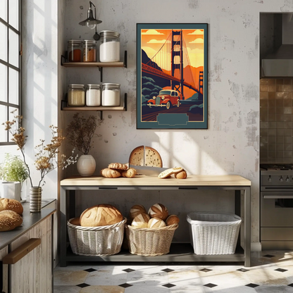 Golden Gate Bridge Vintage Car Drive Travel Poster