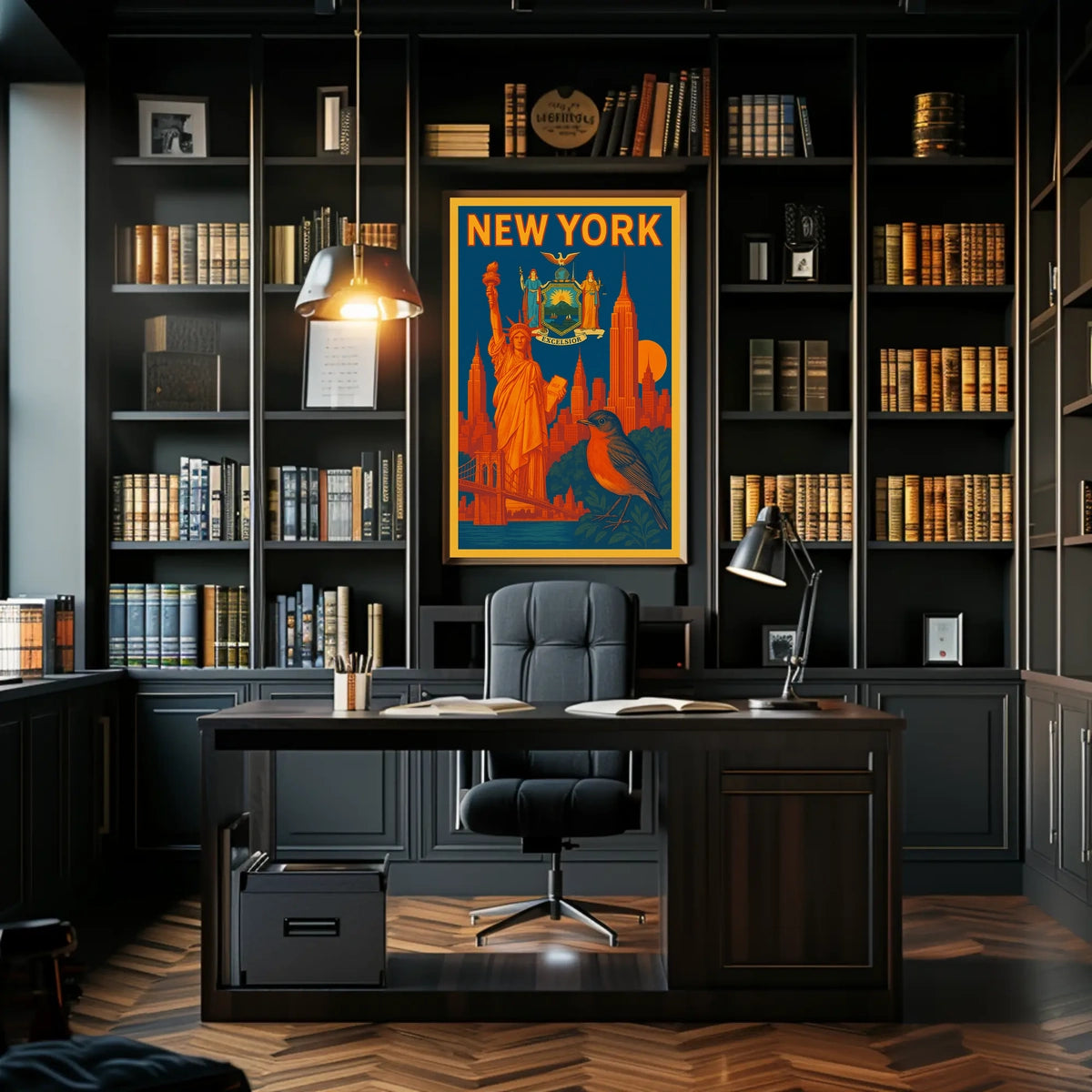 New York Poster Vintage Statue Skyline Bridge Wall Art