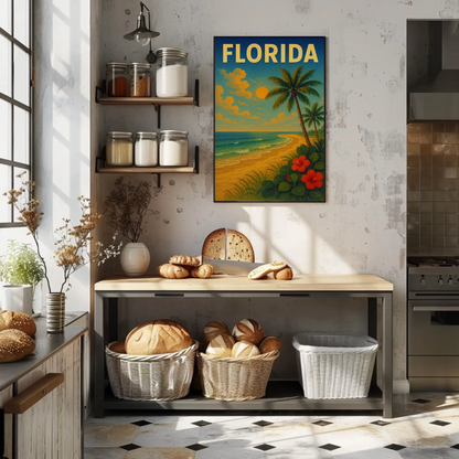 Florida Beach Palm Trees Hibiscus Flowers Travel Poster