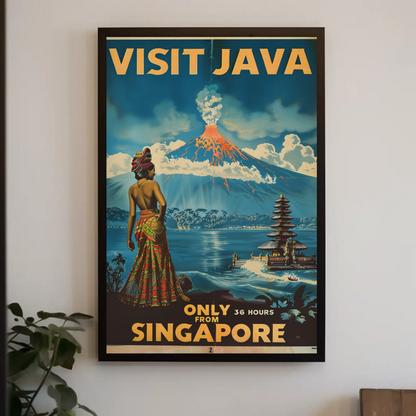 Visit Java Volcano Temple Woman View Vintage Travel Poster