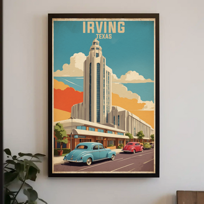 Irving Texas Art Deco Building Cars Retro Vintage Travel Poster