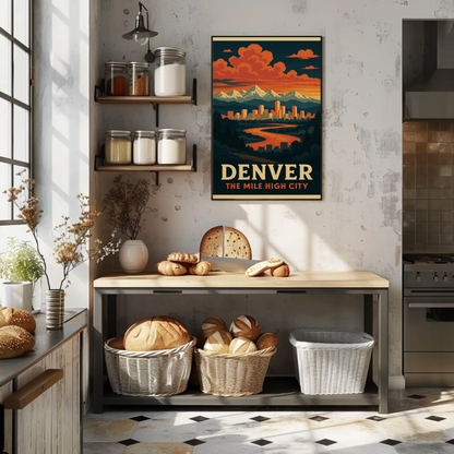 Denver Colorado Sunset Skyline Mountains Travel Poster