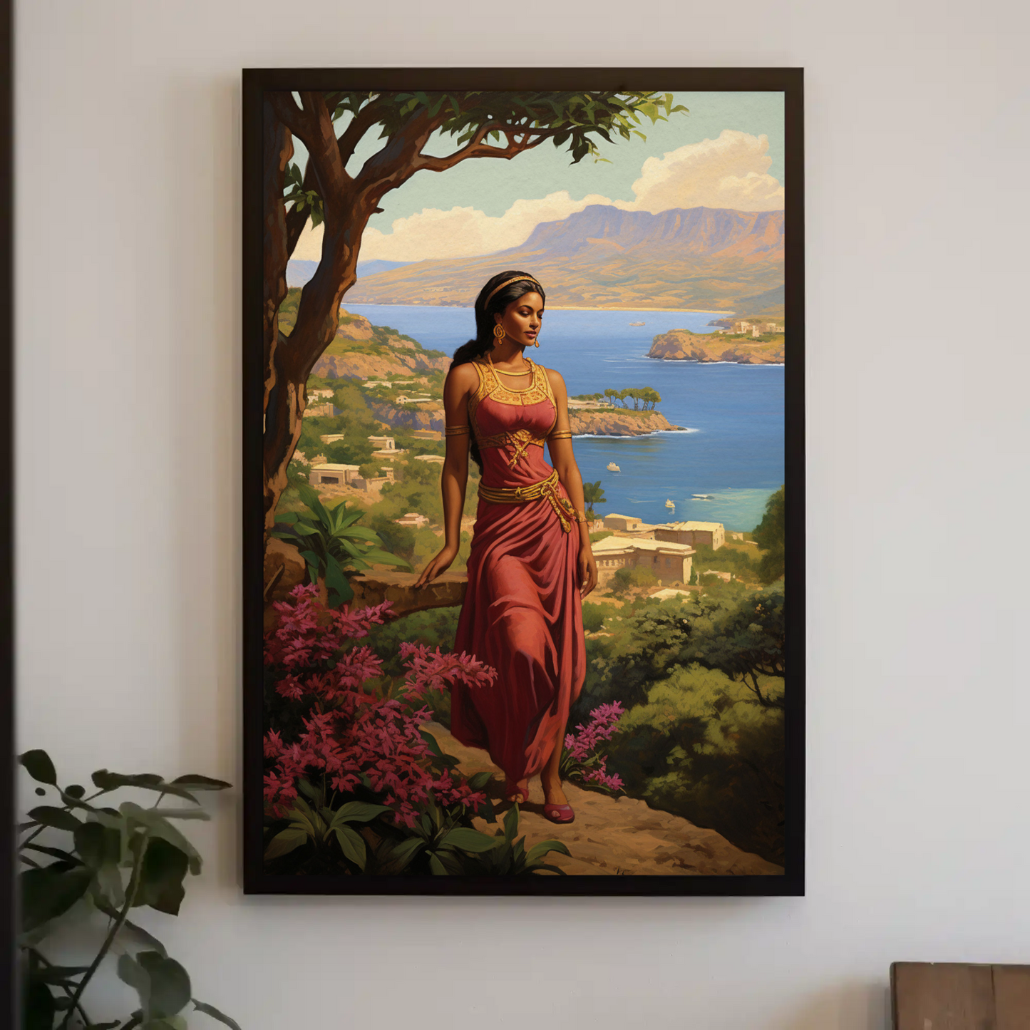 Mediterranean Woman Overlook Coastal Beauty Vintage Travel Poster