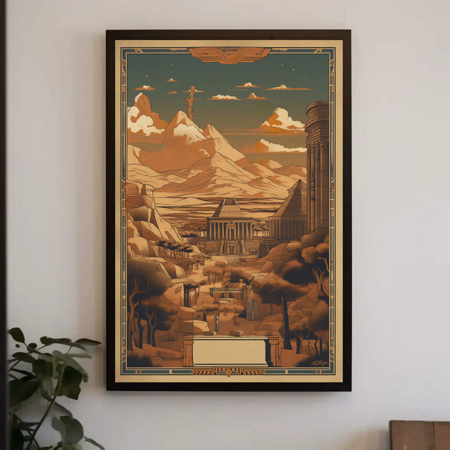 Egyptian Temple Statues Desert Mountains Vintage Travel Poster