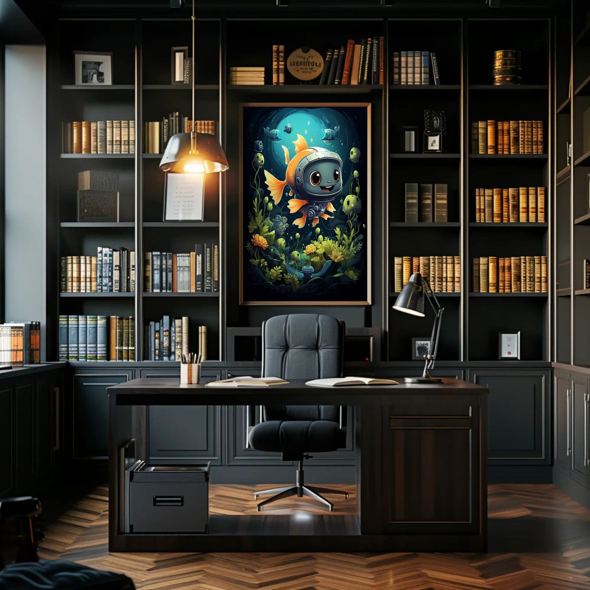 Goldfish in Futuristic Robotic Helmet Poster