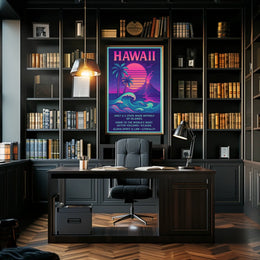 The poster centers on Hawaii, emphasizing its unique geographical and cultural attributes. The Travel Poster