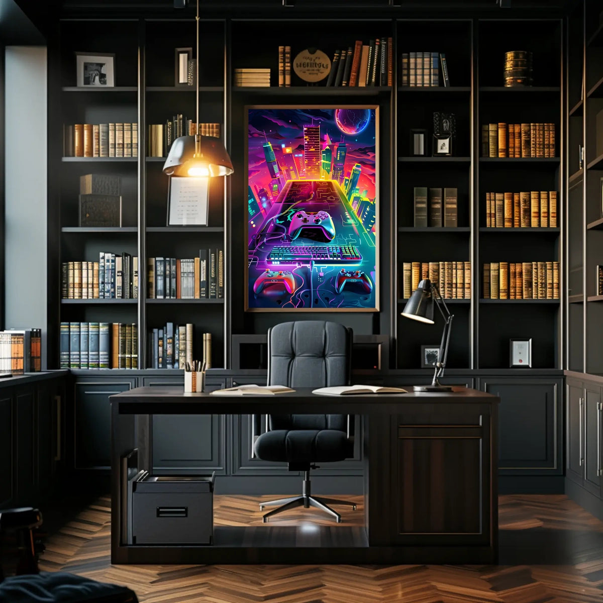 Neon Gaming Cityscape Poster