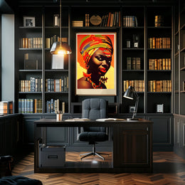 Vibrant Elegance: Woman with Colorful Headwrap and Bold Accessories Poster