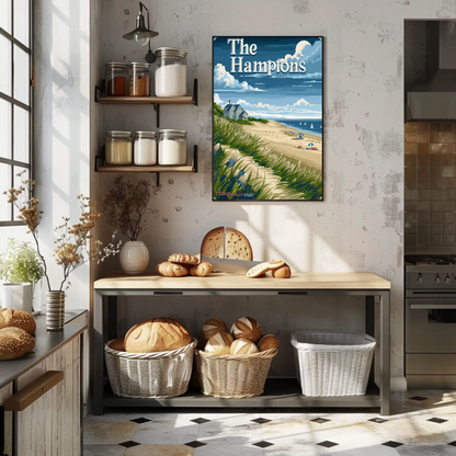 The Hamptons Beach Dunes House Umbrellas Travel Poster