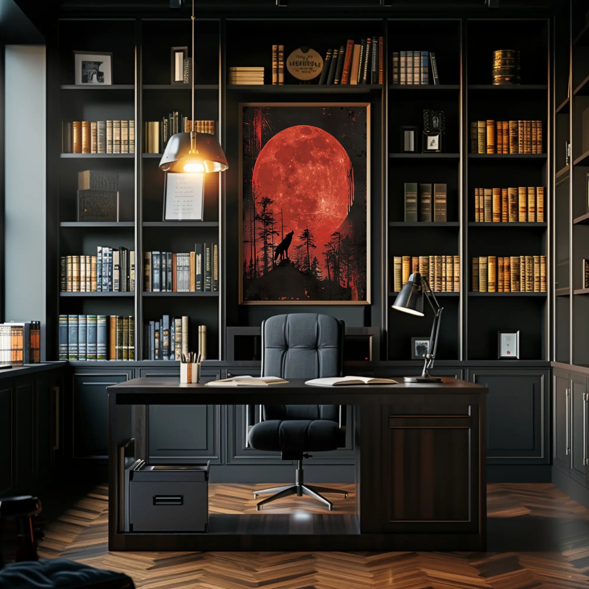 Wolf Howling Under Blood Moon Art Poster PosterGoat