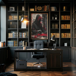 Mysterious Hooded Figure in Grayscale Artistic Poster PosterGoat